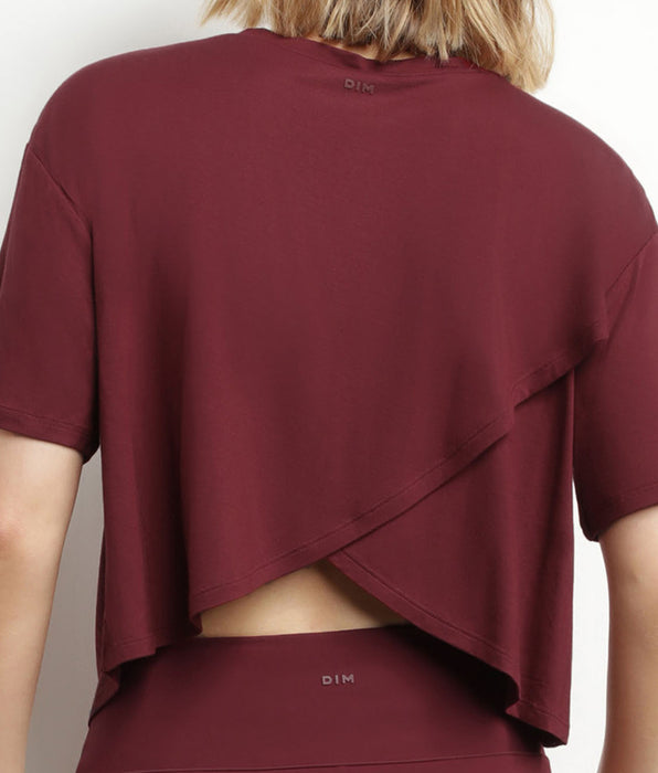 DIM Sport-T-Shirt für Damen aus burgunderfarbener Viskose mit offenem Rücken Dim Move