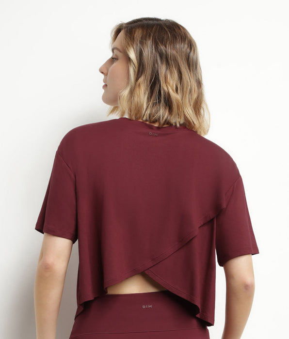 DIM Sport-T-Shirt für Damen aus burgunderfarbener Viskose mit offenem Rücken Dim Move