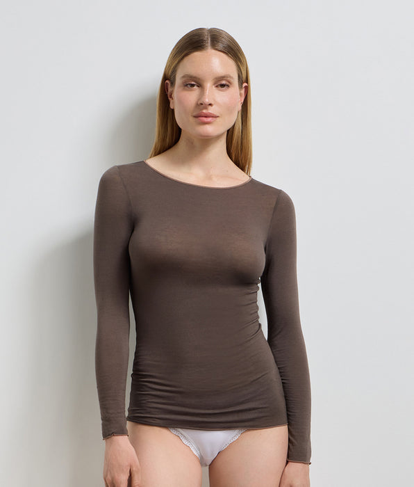 DIM T-Shirt mit Rundhalsausschnitt in tiefem Schokoladenbraun Thermal Light