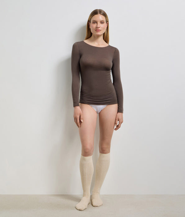 DIM T-Shirt mit Rundhalsausschnitt in tiefem Schokoladenbraun Thermal Light