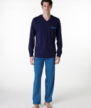 Langer Pyjama-Set mit V-Ausschnitt aus marineblauem Jersey