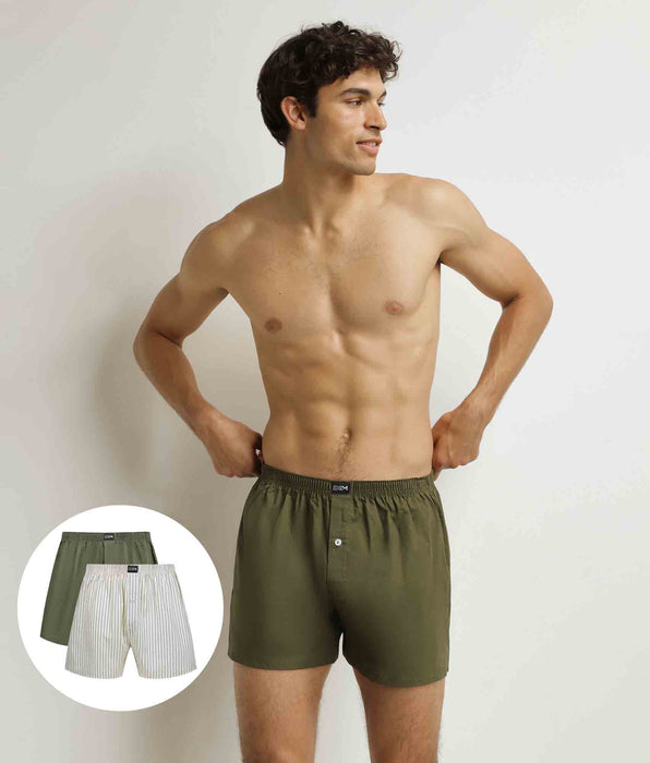 DIM 2er-Pack Boxershorts für Männer Beige gestreift Grün Baumwolle Stretch