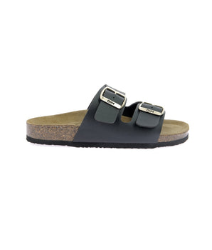 Schwarze Damen-Pantoletten aus Leder und Kork