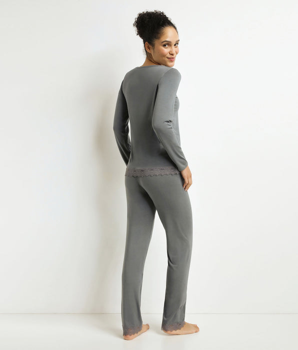 DIM Damenpyjama Hose Grau mit Spitze Don't Disturb