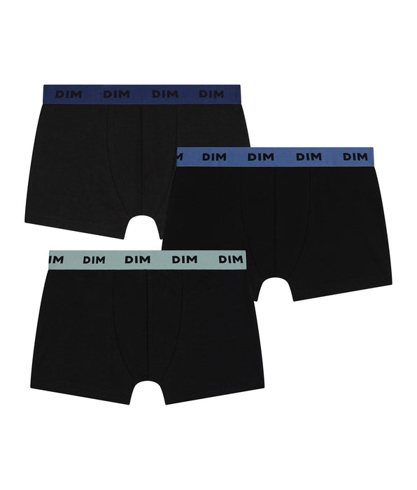 DIM 3er-Pack Boxershorts für Herren aus schwarzer Stretch-Baumwolle mit farbigem Bund Blau Lila Mix & Colors