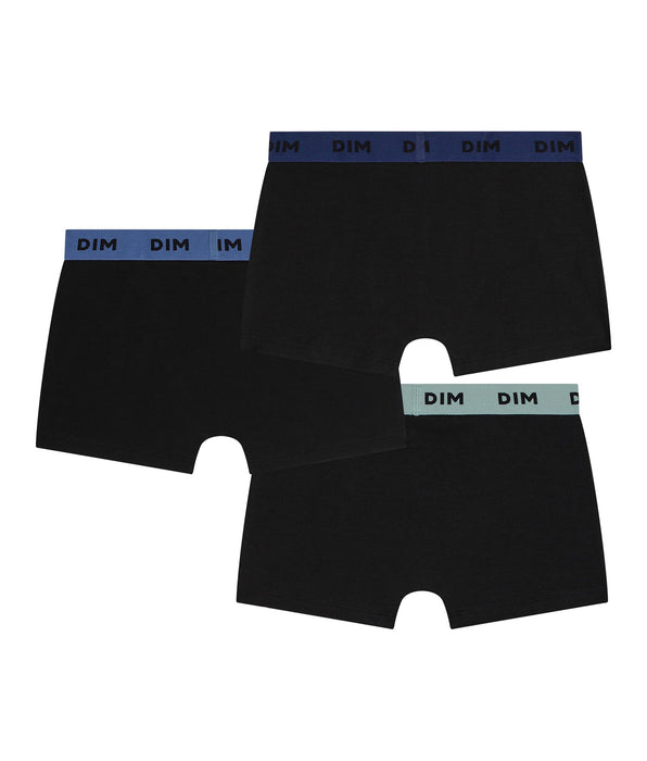 DIM 3er-Pack Boxershorts für Herren aus schwarzer Stretch-Baumwolle mit farbigem Bund Blau Lila Mix & Colors