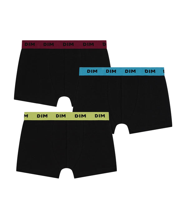 DIM 3er-Pack Herren-Boxershorts aus schwarzer Stretch-Baumwolle mit farbigem Bund in Zitronengelb Mix & Colors