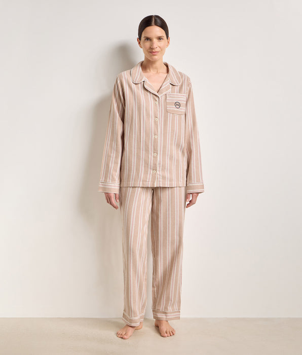 DIM DIM x Ines de la Fressange Damen-Pyjama-Set aus gestreiftem Flanell in Braun und Beige