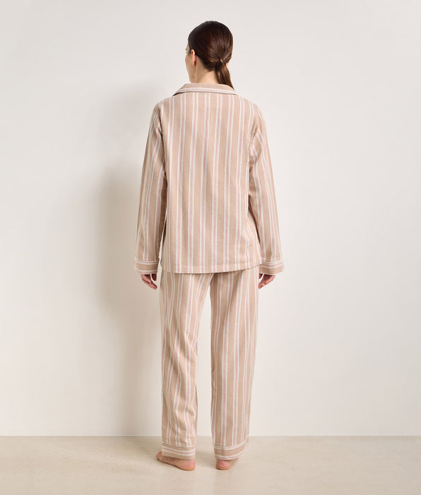 DIM DIM x Ines de la Fressange Damen-Pyjama-Set aus gestreiftem Flanell in Braun und Beige