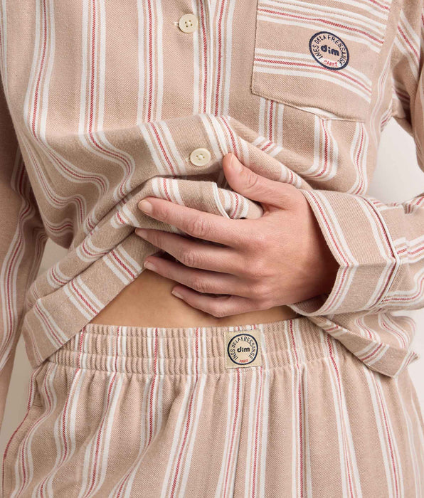 DIM DIM x Ines de la Fressange Damen-Pyjama-Set aus gestreiftem Flanell in Braun und Beige