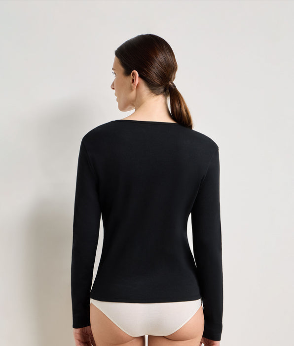 DIM Langärmeliger Body aus schwarzer, aufgerauter Baumwolle aus der Thermal-Kollektion