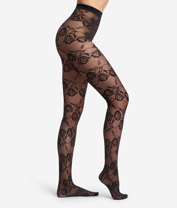 DIM Fantasy-Strumpfhose mit Tulpen-Blumenmuster, schwarzer Samt, Style
