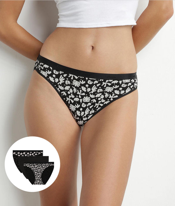 DIM 3er-Pack schwarze Slips aus Stretch-Baumwolle mit Blumenmuster – Pockets