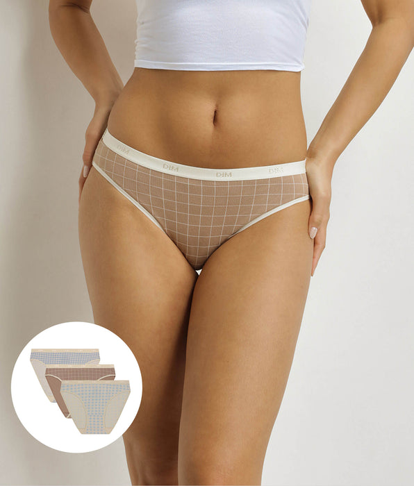 DIM 3er-Pack Damen-Slips mit Vichykaro-Muster Ecru Blau Beige Les Pockets