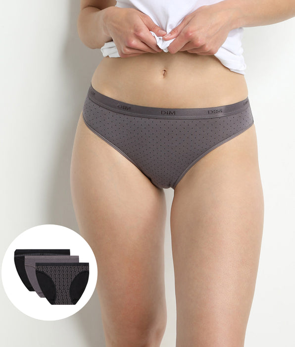 DIM 3er-Pack graue/schwarze Slips aus Stretch-Baumwolle – Pockets