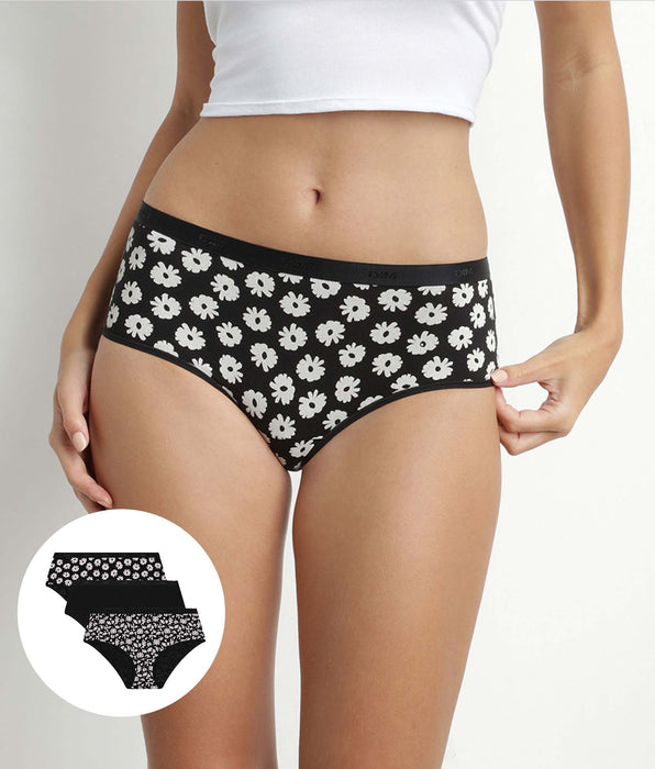 DIM 3er-Pack schwarz/beige Hipster aus Stretch-Baumwolle mit Blumenmuster – Pockets