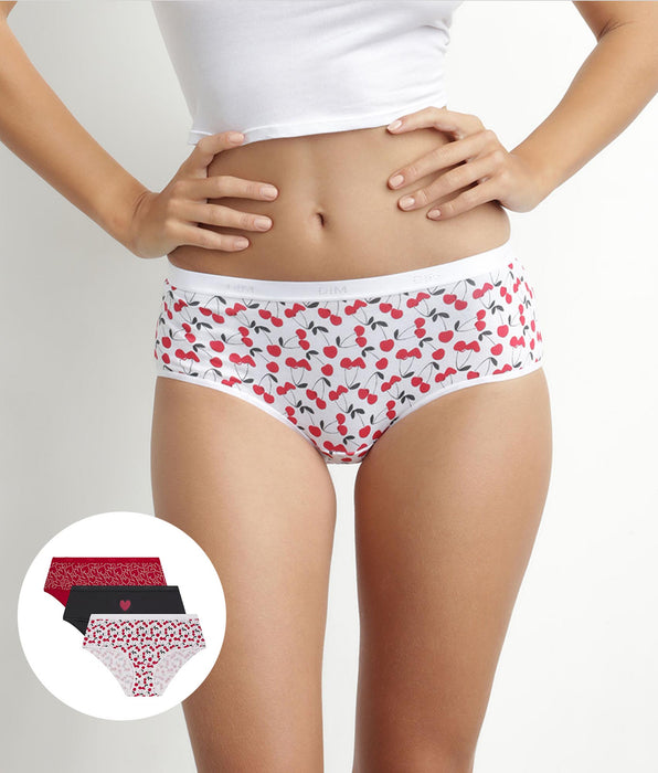 DIM 3er-Pack rote Hipster aus Stretch-Baumwolle mit Herzmotiv – Pockets