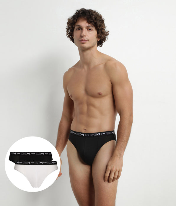 DIM 2er-Pack Herren-Slips Schwarz/Weiß mit Kontrastgürtel aus Stretch-Baumwolle