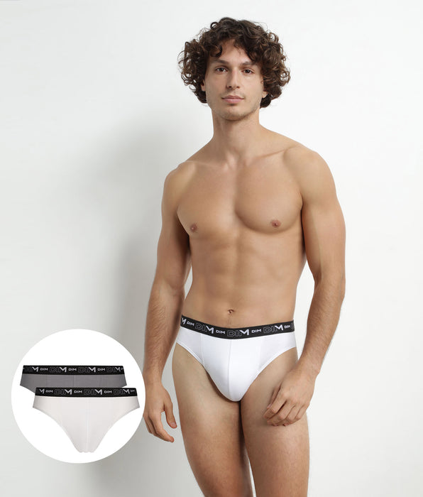 DIM 2er-Pack Herren-Slips Weiß/Grau mit Kontrastgürtel aus Stretch-Baumwolle