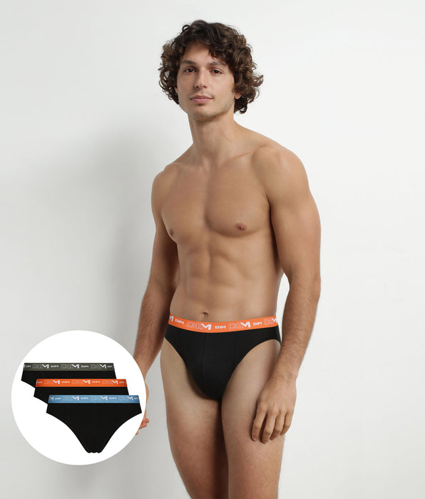 DIM 3er-Pack Herren-Slips Schwarz mit Gürtel Orange/Grün aus Stretch-Baumwolle