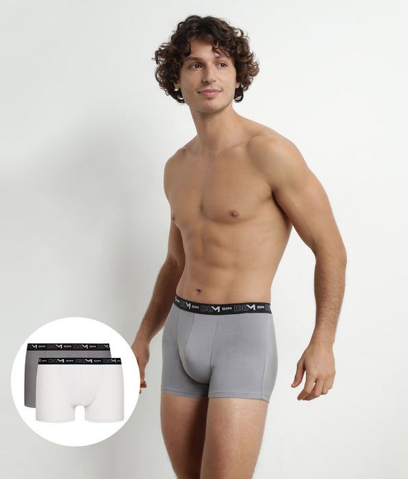 DIM 2er-Pack Herren-Boxershorts Weiß/Grau mit Kontrastgürtel aus Stretch-Baumwolle