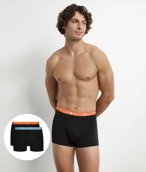 DIM 2er-Pack Herren-Boxershorts Schwarz mit blauem und orangefarbenem Bund aus Stretch-Baumwolle