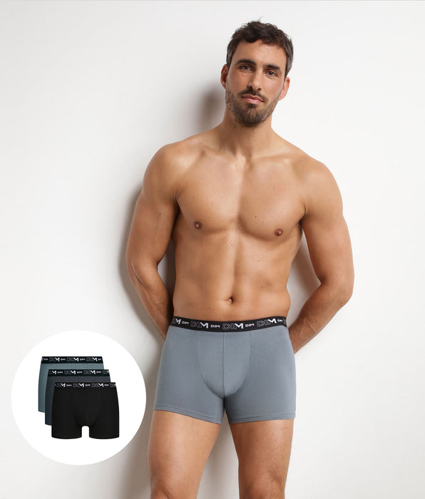 DIM 3er-Pack Herren-Boxershorts Schwarz Grau Kontrastbund Dim Coton Stretch