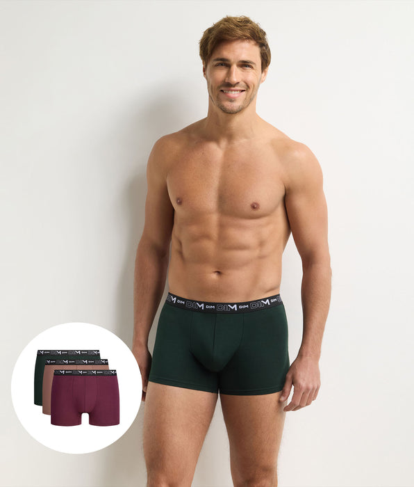 DIM 3er-Pack Herren-Boxershorts in Dunkelgrün, Karamell und Feige aus Stretch-Baumwolle