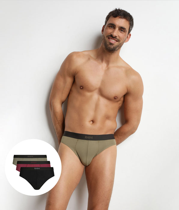 DIM 3er-Pack Herren-Slips aus Baumwolle in Schwarz, Khaki und Rot von Pur Confort