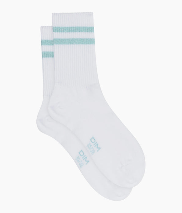 DIM Socken aus gerippter Baumwolle Weiß und Lurex Blau Dim Mode