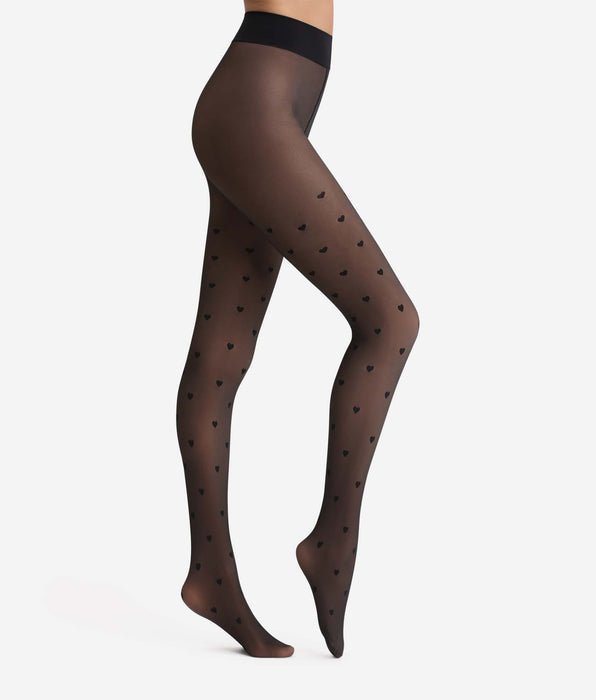 DIM Warme Strumpfhose mit transparentem Effekt schwarz mit Herzchen Thermo
