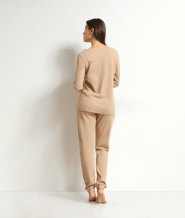 DIM Damen-Pyjama-Set mit V-Ausschnitt aus Jersey in Taupe von Dim Cosy Time