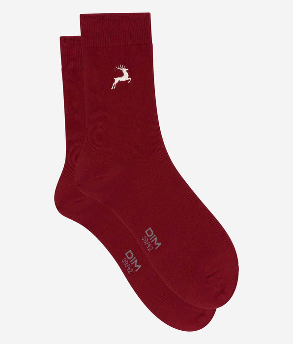 DIM Dunkelrote, halbhohe Herrensocken mit Rentiermotiv von Coton Fancy